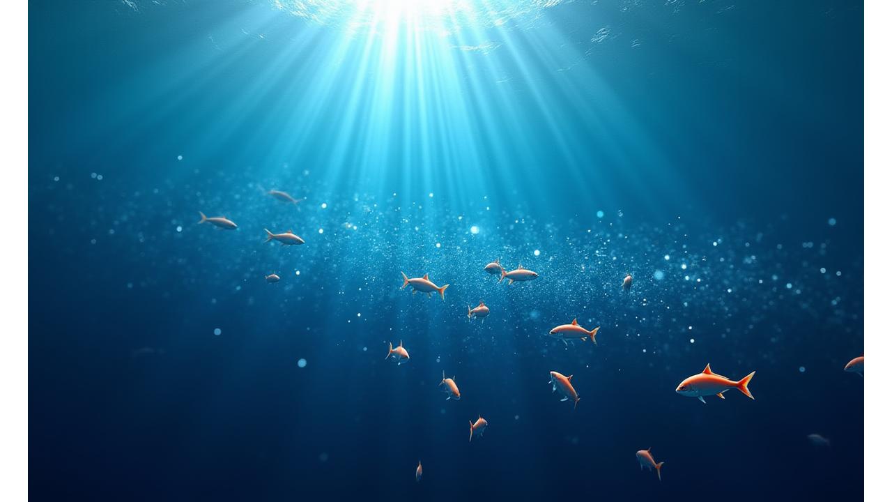 透明な海中の深海にあるデータネットワーク、光が魚群と調和する様子