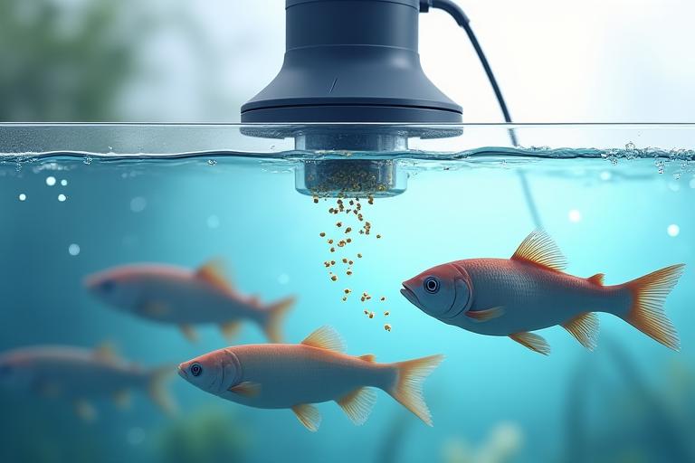 AI給餌システムが稼働する養殖池の水中を魚が泳ぎ、センサーや自動給餌装置が写っている。