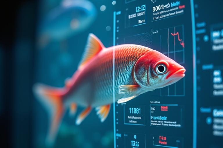 顕微鏡画像とデータグラフがオーバーレイされた、魚の健康状態を示すダッシュボード画面。異常を警告する表示。