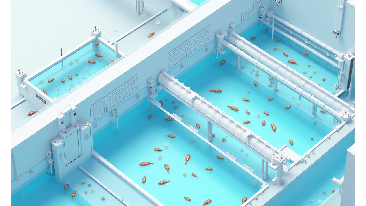 最先端のIoTとAIが統合された室内養殖施設の鳥瞰図