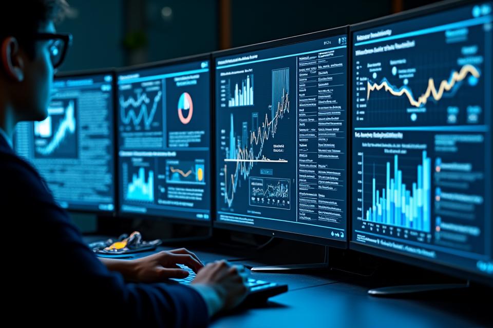 複雑なグラフと数値データが表示された生産分析ダッシュボード。成長予測、コスト、収益性に関する情報。