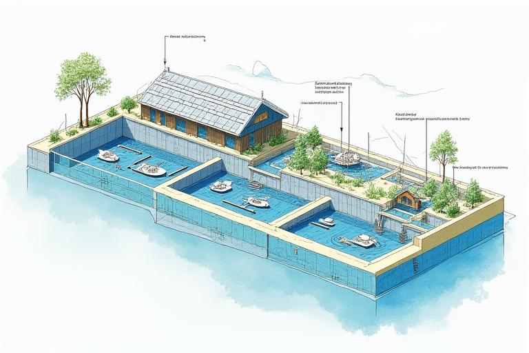 持続可能な養殖施設の詳細な設計図面。水循環、エネルギーフロー、廃棄物処理システムが図示されている。