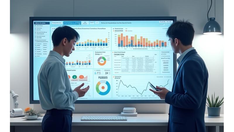 漁業協同組合事務所で、職員が大型モニターを見ながら、組合員ごとの漁獲情報、流通状況、資源管理データを表示する管理画面。