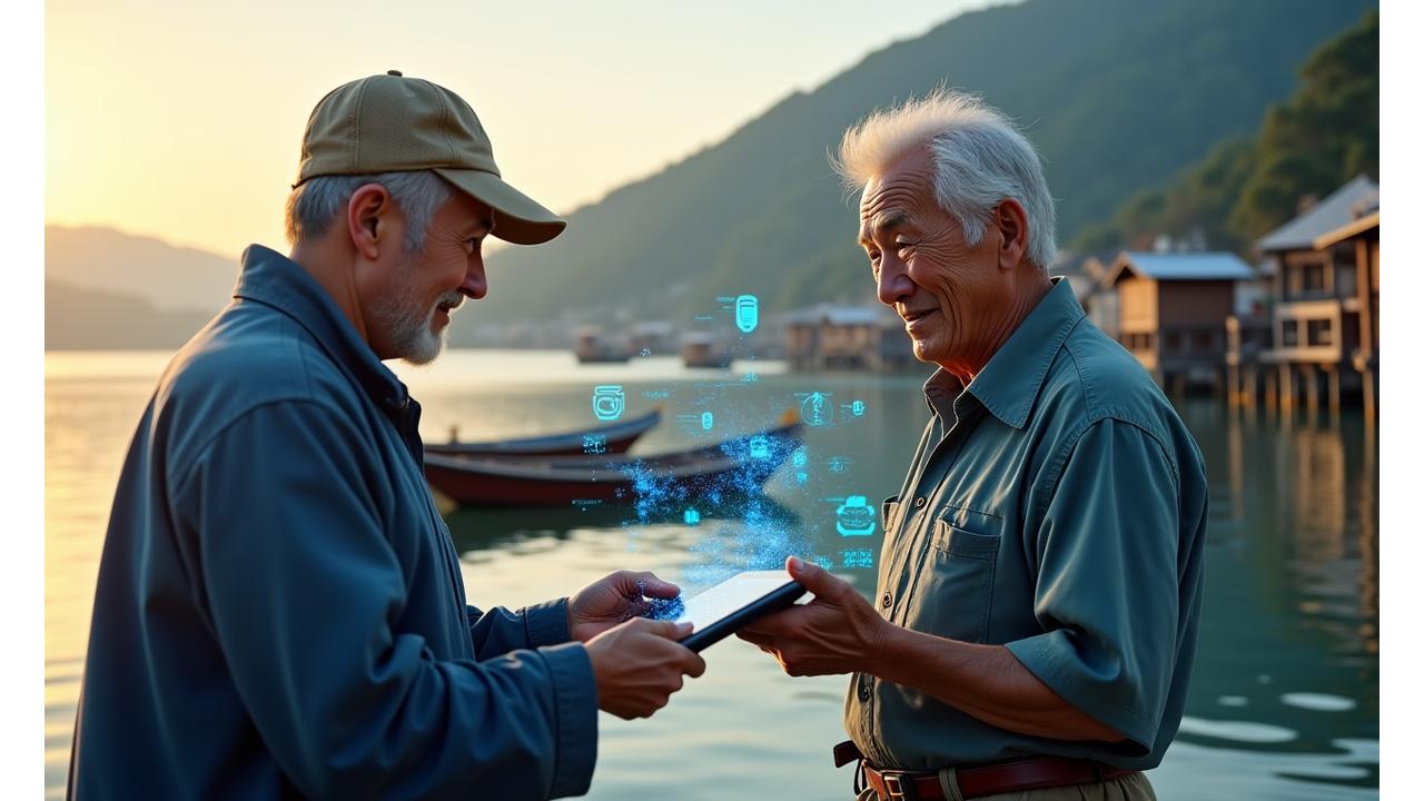 漁村の背景に、高齢の漁師がタブレットを操作し、その隣に若手漁師が学ぶ姿。背後にはスマート漁業のデータが視覚的に表示されている様子。