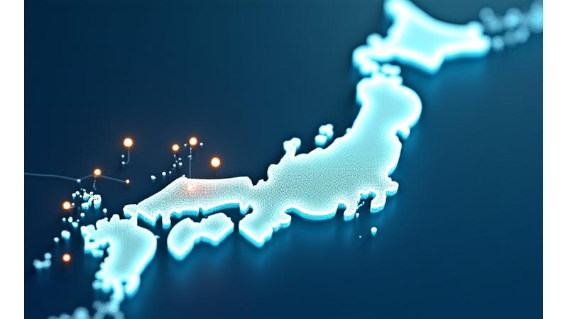 日本の地図上に、異なる地域で成功した漁業デジタル化プロジェクトのアイコンが点在しており、それぞれの地域ごとの特色（魚種、漁法など）を示す小さい吹き出しが添えられている。