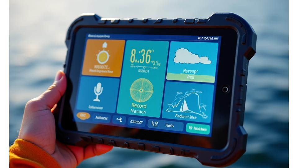 漁師が使用する、大きくて見やすいアイコンと文字が特徴の漁業管理タブレットアプリの画面。天気、漁獲記録、GPS情報が表示されている。