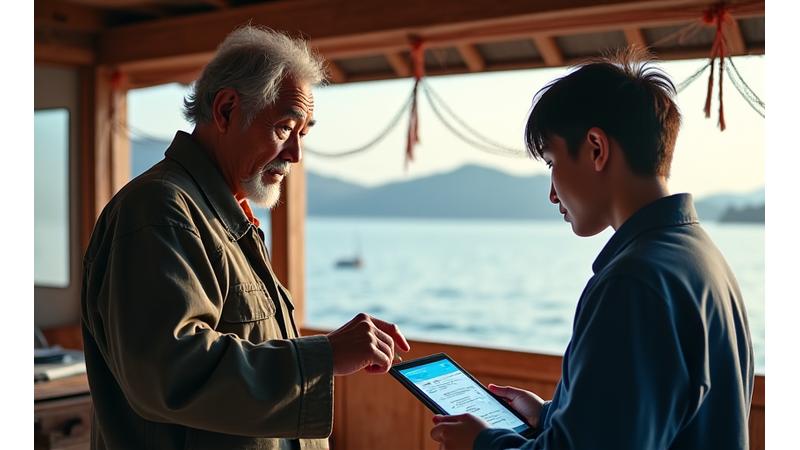 経験豊かな高齢の漁師が、若手漁師にタブレットを使って漁業データや伝統的な知識を説明している、世代間の技術継承の場面。