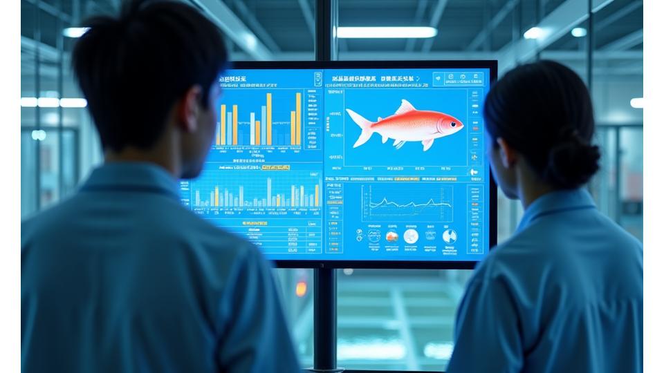 静岡県の陸上養殖施設でモニターをチェックする技術者