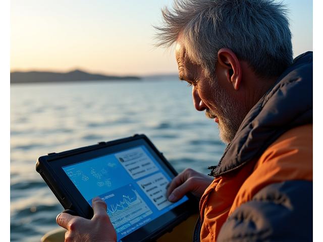 小規模漁師がタブレットで漁業データをチェック