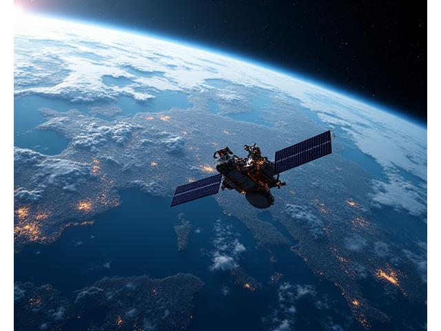 地球上空から海洋を監視する人工衛星と、そのデータがフローチャートのように分析されている様子