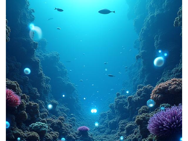 海底に設置されたセンサーネットワークが光とデータを示す線で連結されている様子