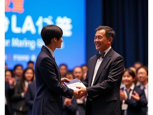 学生が海洋技術コンテストでプレゼンテーションを行い、賞状を受け取っている光景