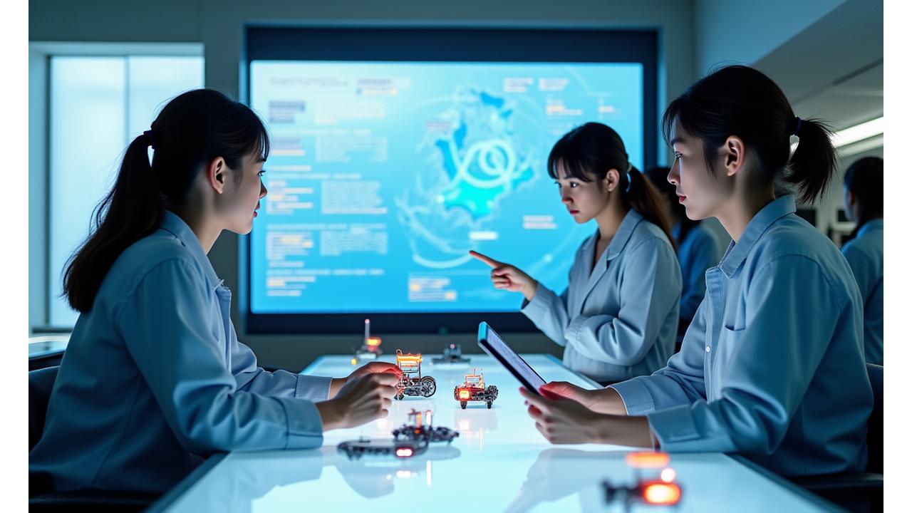 大学生がタブレットを使い、海洋データ解析プログラミングを学ぶ様子