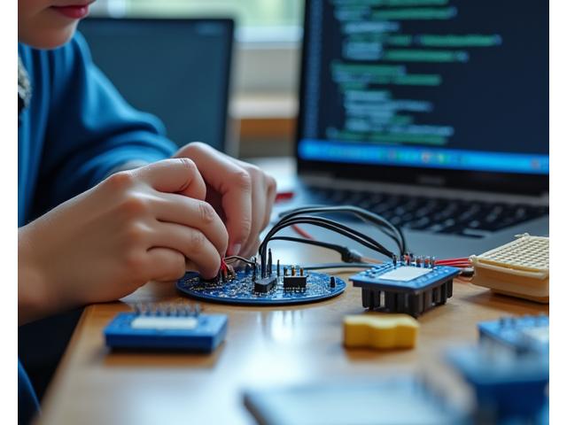 生徒たちがArduinoボードとセンサーを接続し、プログラミングするワークショップ風景