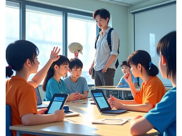 学校の教室で生徒たちが楽しそうに海洋ITの授業を受けている様子