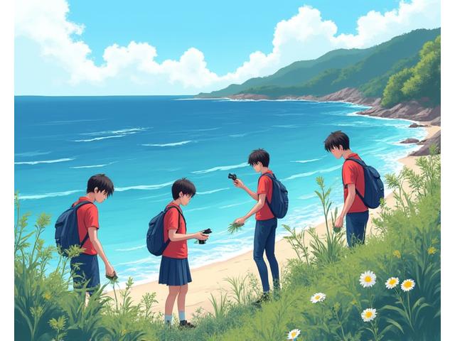 海岸で海洋プラスチック問題について学ぶ学生たち