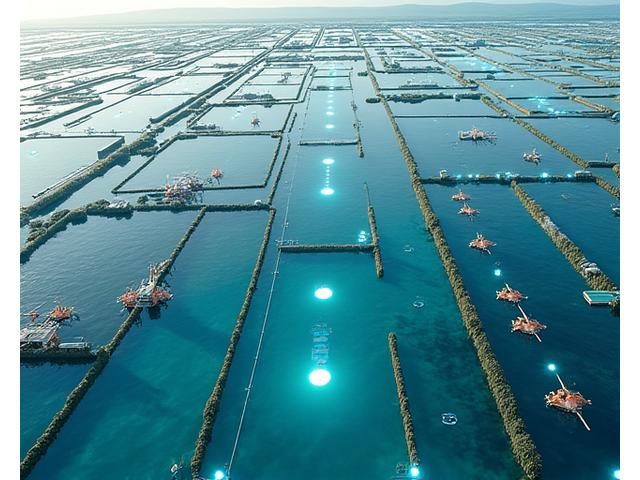 最新のIoT技術が導入されたスマート養殖場の俯瞰図