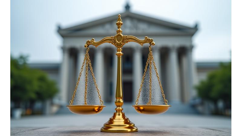 日本の裁判所の建物を背景にしたバランスの取れた天秤